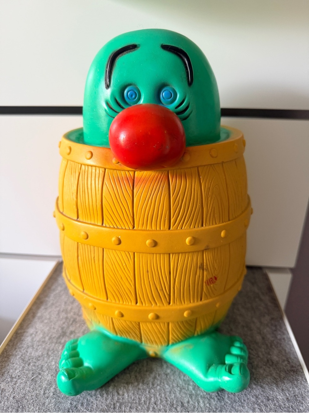 Vintage Regal Toy Canada Character Barrel Coin Bank 11” Plastic Retro Rare